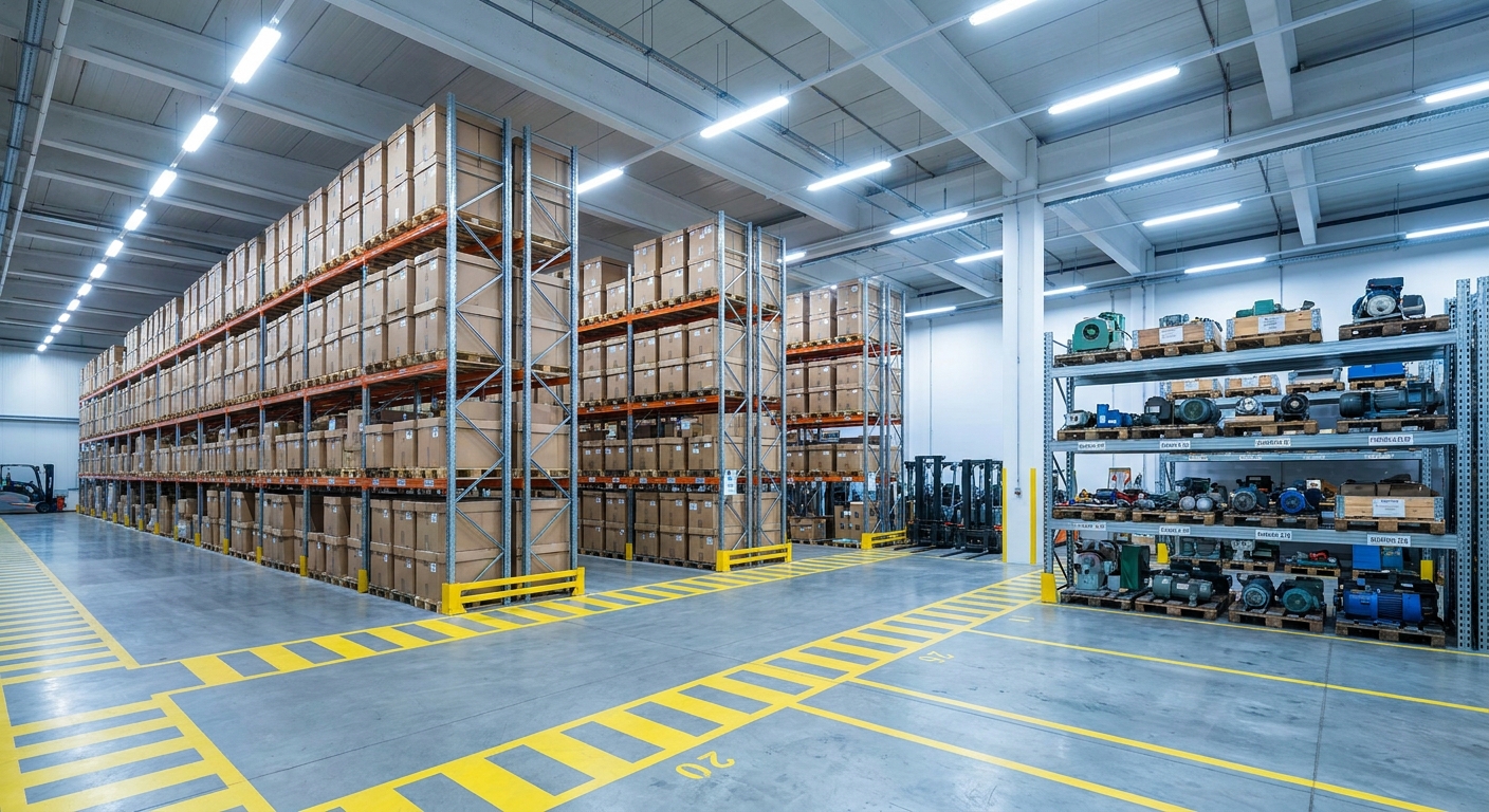 Industrial warehouse with organized pallet racking